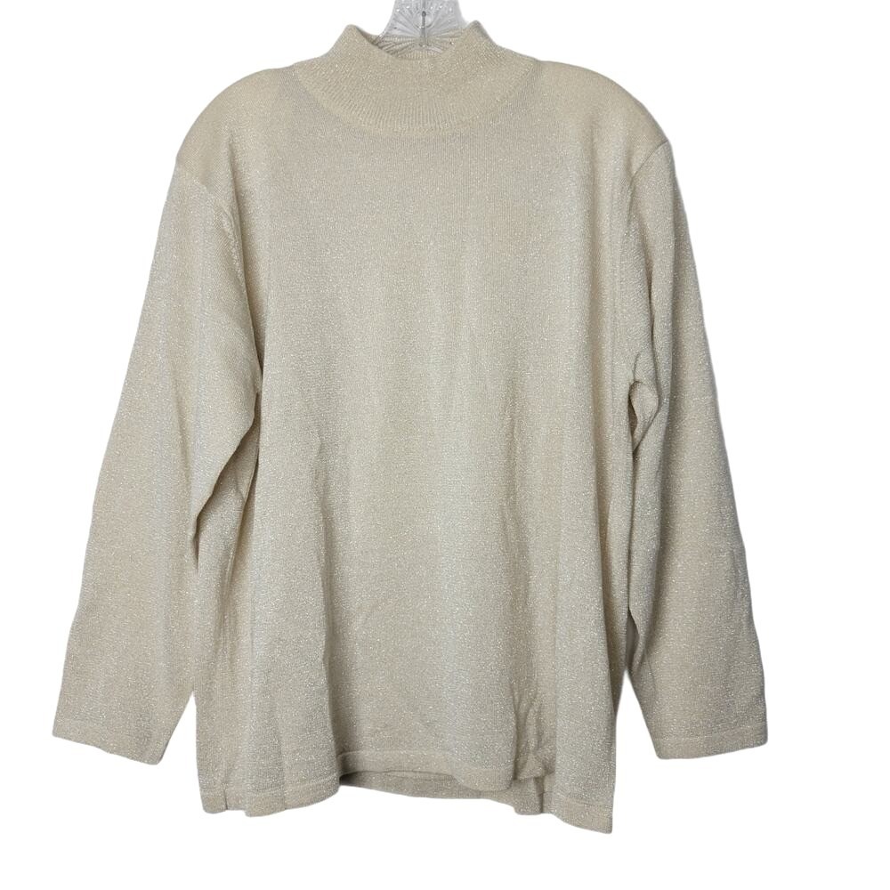 Sparkle Mock Neck Long Sleeve Sweater Cream Shimmer Knit‎ Top Women's